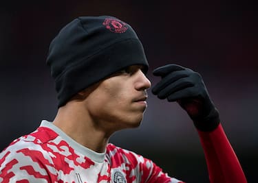 MANCHESTER, ENGLAND - JANUARY 22: Mason Greenwood of Manchester United during the warm up before the Premier League match between Manchester United and West Ham United at Old Trafford on January 22, 2022 in Manchester, England. (Photo by Visionhaus/Getty Images)