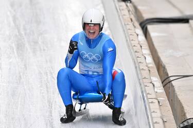 Italy's Dominik Fischnaller reacts after competing in the final run of the men's singles luge event at the Yanqing National Sliding Centre during the Beijing 2022 Winter Olympic Games in Yanqing on February 6, 2022. (Photo by Joe KLAMAR / AFP) (Photo by JOE KLAMAR/AFP via Getty Images)