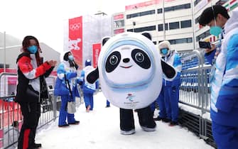 YANQING, CHINA - FEBRUARY 13: Bing Dwen Dwen walks by prior to the Men's Giant Slalom Run 2 on day nine of the Beijing 2022 Winter Olympic Games at National Alpine Ski Centre on February 13, 2022 in Yanqing, China. (Photo by Alex Pantling/Getty Images)