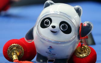 BEIJING, CHINA - FEBRUARY 13, 2022: A close view of a Bing Dwen Dwen panda mascot figure on display during the women's 3,000m short track speed skating relay finals at the Capital Indoor Stadium as part of the 2022 Winter Olympic Games. Valery Sharifulin/TASS (Photo by Valery Sharifulin\TASS via Getty Images)