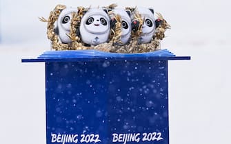 ZHANGJIAKOU, CHINA - FEBRUARY 12: Bing Dwen Dwen mascots are seen during the Mixed Team Snowboard Cross Finals flower ceremony on Day 8 of the Beijing 2022 Winter Olympics at Genting Snow Park on February 12, 2022 in Zhangjiakou, Hebei Province of China. (Photo by VCG/VCG via Getty Images)