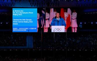 epa09774194 IOC president Thomas Bach closes the Games during the Closing Ceremony for the Beijing 2022 Olympic Games at the National Stadium, also known as Bird's Nest, in Beijing China, 20 February 2022.  EPA/FAZRY ISMAIL