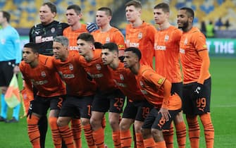 KYIV, UKRAINE - DECEMBER 7, 2021 - Players of FC Shakhtar Donetsk pose for a photo before the 2021/2022 UEFA Champions League Matchday 6 Group D game against FC Sheriff Tiraspol at the NSC Olimpiyskiy, Kyiv, capital of Ukraine.
