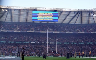 General view of a message on the big screen that reads England and Wales strongly condemn the aggressive invasion of Ukraine. We stand in solidarity with them during the Guinness Six Nations match at Twickenham Stadium, London. Picture date: Saturday February 26, 2022.