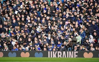 A view of ad boards displaying a message of support for Ukraine before the Premier League match at Elland Road, Leeds. Picture date: Saturday February 26, 2022. (Photo by Zac Goodwin/PA Images via Getty Images)