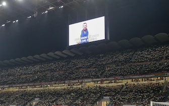 Shevcenko's peace messsage projjected before the Italian Cup semi-final soccer match between AC Milan and FC Inter at Giuseppe Meazza Stadium in Milan, Italy, 1 March 2022. ANSA / ROBERTO BREGANI
