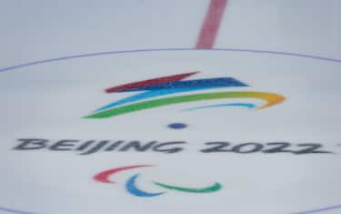 BEIJING, CHINA - MARCH 01: General view of the center ice logo in the National Indoor Stadium ahead of the Beijing 2022 Winter Paralympics on March 01, 2022 in Beijing, China. (Photo by Carmen Mandato/Getty Images)
