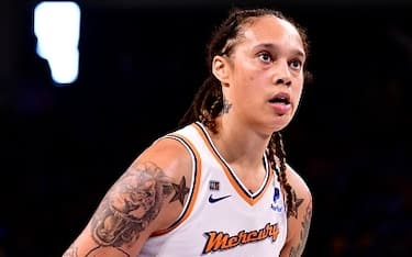 CHICAGO, IL - OCTOBER 17: Brittney Griner #42 of the Phoenix Mercury shoots a free throw against the Chicago Sky during Game Four of the 2021 WNBA Finals on October 17, 2021 at the Wintrust Arena in Chicago, Illinois. NOTE TO USER: User expressly acknowledges and agrees that, by downloading and or using this photograph, user is consenting to the terms and conditions of the Getty Images License Agreement.  Mandatory Copyright Notice: Copyright 2021 NBAE (Photo by Barry Gossage/NBAE via Getty Images)