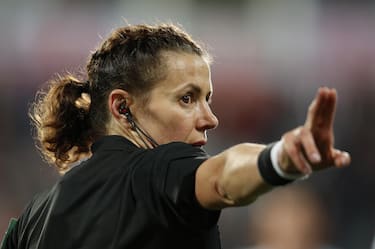 epa09515603 Main referee Kateryna Monzul, from Ukraine, in action during the FIFA World Cup 2022 qualifying soccer match between Andorra and England in Andorra la Vella, Andorra, 09 October 2021.  EPA/ALEJANDRO GARCIA