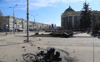 DONETSK, UKRAINE - MARCH 14: Damage is seen after fragments from a Tochka missile which was allegedly launched by Ukrainian forces fallen in Donetsk region, killing 20 civilians, injured 9 others, on March 14, 2022. Pro-Russian separatists said that fragments from a Tochka missile that was shot down had landed in the center of the city. (Photo by Leon Klein/Anadolu Agency via Getty Images)