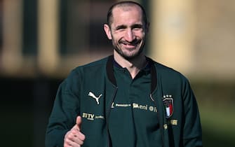 FLORENCE, ITALY - MARCH 21: Giorgio Chiellini of Italy looks on during a Italy training session at Centro Tecnico Federale di Coverciano on March 21, 2022 in Florence, Italy. (Photo by Claudio Villa/Getty Images)
