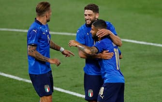 BOLOGNA, ITALY - JUNE 04: (BILD ZEITUNG OUT) Ciro Immobile of Italy, Lorenzo Insigne of Italy and Domenico Berardi of Italy celebrate after scoring his team's fourth goal during the international friendly match between Italy and Czech Republic at Stadio Renato DallAra on June 4, 2021 in Bologna, Italy. (Photo by Matteo Ciambelli/DeFodi Images via Getty Images)