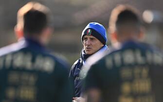 FLORENCE, ITALY - MARCH 21: Head coach Italy Roberto Mancini reacts during a Italy training session at Centro Tecnico Federale di Coverciano on March 21, 2022 in Florence, Italy. (Photo by Claudio Villa/Getty Images)