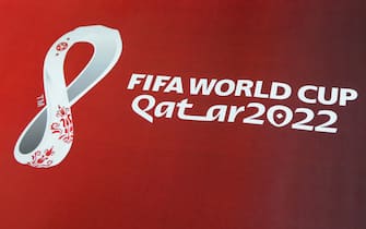 KYIV, UKRAINE - 2021/11/09: Official logo FIFA World Cup 2022 in Qatar printed on banner during training session on the eve of the FIFA World Cup Qatar 2022 qualification at the Olympic stadium in Kyiv. (Photo by Aleksandr Gusev/SOPA Images/LightRocket via Getty Images)