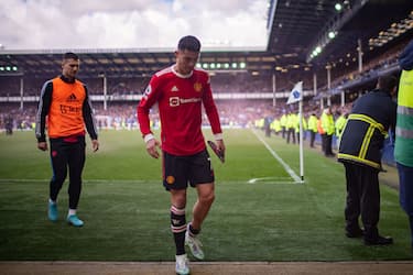 LIVERPOOL, ENGLAND - APRIL 09:   Cristiano Ronaldo of Manchester United walks off at the end of the Premier League match between Everton and Manchester United at Goodison Park on April 9, 2022 in Liverpool, United Kingdom. (Photo by Ash Donelon/Manchester United via Getty Images)