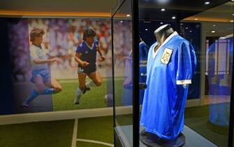 Diego Maradona's 1986 World Cup 'Hand of God' shirt is on display at Sotheby's in London, before it is offered at auction. Picture date: Wednesday April 20, 2022. (Photo by Jonathan Brady/PA Images via Getty Images)