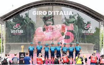 VISEGRAD, HUNGARY - MAY 06: Vincenzo Nibali of Italy, Valerio Conti of Italy, David De La Cruz Melgarejo of Spain, Joseph Lloyd Dombrowski of United States, Fabio Felline of Italy, Miguel Ã ngel LÃ³pez Moreno of Colombia, Vadim Pronskiy of Kazahkstan, Harold Tejada Canacue of Colombia and Team Astana â   Qazaqstan during the team presentation prior to the 105th Giro d'Italia 2022, Stage 1 a 195km stage from Budapest to VisegrÃ¡d 337m / #Giro / #WorldTour / on May 06, 2022 in Visegrad, Hungary. (Photo by Tim de Waele/Getty Images)