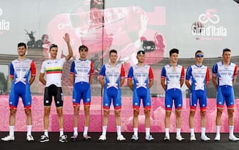VISEGRAD, HUNGARY - MAY 06: Arnaud Demare of France, Clement Davy of France, Jacopo Guarnieri of Italy, Ignatas Konovalovas of Lithuania, Tobias Ludvigsson of Sweden, Miles Scotson of Australia, Ramon Sinkeldam of Netherlands, Attila Valter of Hungary and Team Groupama - FDJ during the team presentation prior to the 105th Giro d'Italia 2022, Stage 1 a 195km stage from Budapest to VisegrÃ¡d 337m / #Giro / #WorldTour / on May 06, 2022 in Visegrad, Hungary. (Photo by Stuart Franklin/Getty Images)