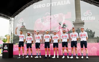 VISEGRAD, HUNGARY - MAY 06: Giulio Ciccone of Italy, Dario Cataldo of Italy, Mattias Skjelmose Jensen of Denmark, Juan Pedro LÃ³pez of Spain, Bauke Mollema of Netherlands, Jacopo Mosca of Italy, Edward Theuns of Belgium, Otto Vergaerde of Belgium and Team Trek - Segafredo 	during the team presentation prior to the 105th Giro d'Italia 2022, Stage 1 a 195km stage from Budapest to VisegrÃ¡d 337m / #Giro / #WorldTour / on May 06, 2022 in Visegrad, Hungary. (Photo by Stuart Franklin/Getty Images)