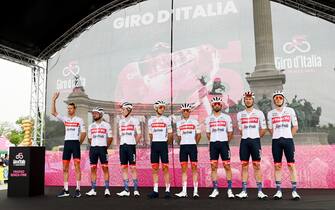 1395697882 VISEGRAD, HUNGARY - MAY 06: Giulio Ciccone of Italy, Dario Cataldo of Italy, Mattias Skjelmose Jensen of Denmark, Juan Pedro López of Spain, Bauke Mollema of Netherlands, Jacopo Mosca of Italy, Edward Theuns of Belgium, Otto Vergaerde of Belgium and Team Trek - Segafredo during the team presentation prior to the 105th Giro d'Italia 2022, Stage 1 a 195km stage from Budapest to Visegrád 337m / #Giro / #WorldTour / on May 06, 2022 in Visegrad, Hungary. (Photo by Stuart Franklin/Getty Images)