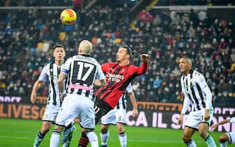 Milan's Zlatan Ibrahimovic (Milan) scores a goal 1-1  during  Udinese Calcio vs AC Milan, italian soccer Serie A match in Udine, Italy, December 11 2021