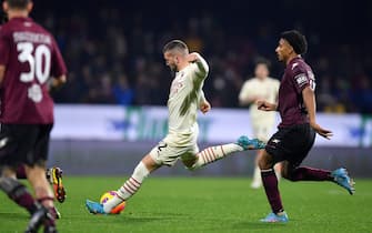 (220220) -- SALERNO, Feb. 20, 2022 (Xinhua) -- AC Milan's Ante Rebic scores his goal during a Serie A football match between AC Milan and Salernitana in Salerno, Italy, on Feb.19, 2022. (Photo by Daniele Mascolo/Xinhua) - Daniele Mascolo -//CHINENOUVELLE_1226070/2202201242/Credit:CHINE NOUVELLE/SIPA/2202201257