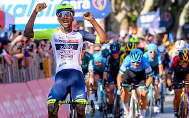 Girmay Biniam #121 (ERI) - Intermarche - Wanty - Gobert Materiaux finish lineg First place  during  Stage 10 - Pescara - Jesi, Giro d'Italia in Jesi, Italy, May 17 2022