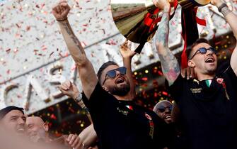 AC Milan s players and staff celebrate the victory of the Italian Serie A Championship ( Scudetto") outside the Casa Milan headquarters in Milan, Italy, 23 May 2022.
ANSA/MOURAD BALTI TOUATI