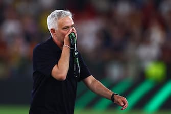 TIRANA, ALBANIA - MAY 25: Jose Mourinho, Head Coach of AS Roma reacts following their sides victory in the UEFA Conference League final match between AS Roma and Feyenoord at Arena Kombetare on May 25, 2022 in Tirana, Albania. (Photo by Alex Pantling/Getty Images)