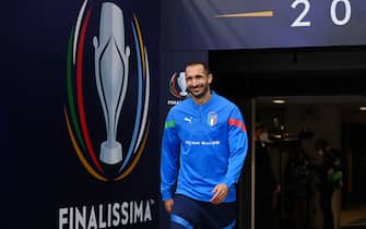 LONDON, ENGLAND - MAY 31: Giorgio Chiellini of Italy enters the pitch to warm up prior to the Italy Training Session at Wembley Stadium on May 31, 2022 in London, England. (Photo by Michael Regan - UEFA/UEFA via Getty Images)