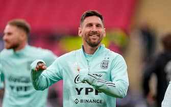 LONDON, ENGLAND - MAY 31: Lionel Messi of Argentina laughs during the Finalissima 2022 Argentina Training Session at Wembley Stadium on May 31, 2022 in London, England. (Photo by Alex Gottschalk/DeFodi Images via Getty Images)