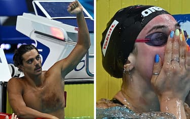Italy's Thomas Ceccon celebrates taking gold and setting a new world record in the men's 100m backstroke finals during the Budapest 2022 World Aquatics Championships at Duna Arena in Budapest on June 20, 2022. (Photo by Attila KISBENEDEK / AFP)