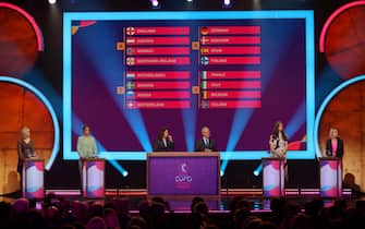 MANCHESTER, ENGLAND - OCTOBER 28: A detailed view of the final groups are seen during the UEFA Women's EURO 2022 Final Draw Ceremony on October 28, 2021 in Manchester, England. (Photo by Alex Livesey - UEFA/UEFA via Getty Images)