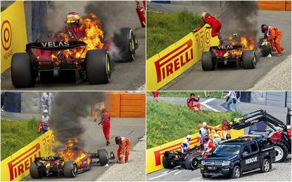 F1, le immagini della Ferrari di Sainz tra le fiamme. Cos'è successo