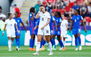ROTHERHAM, ENGLAND - JULY 10: Cristiana Girelli of Italy looks dejected during the UEFA Women's Euro England 2022 group D match between France and Italy at The New York Stadium on July 10, 2022 in Rotherham, United Kingdom. (Photo by Matteo Ciambelli/DeFodi Images via Getty Images)