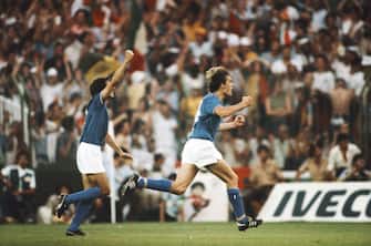 MADRID, SPAIN - JULY 11:  MADRID, SPAIN:  Italy player Marco Tardelli (r) celebrates after scoring the second goal in their 3-1 victory over West  Germany in the 1982 FIFA World Cup Final at 
Santiago BernabÃ©u on July 11, 1982 in Madrid, Spain.(Photo by Duncan Raban/Allsport/Getty Images)