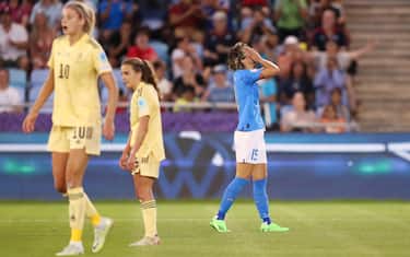 MANCHESTER, ENGLAND - JULY 18: Valentina Giacinti of Italy reacts after a missed chance during the UEFA Women's Euro 2022 group D match between Italy and Belgium at Manchester City Academy Stadium on July 18, 2022 in Manchester, England. (Photo by Charlotte Tattersall - UEFA/UEFA via Getty Images)