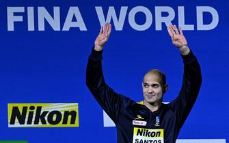 1241402936 Silver medallist Brazil's Nicholas Santos reacts following the men's 50m butterfly finals during the Budapest 2022 World Aquatics Championships at Duna Arena in Budapest on June 19, 2022. (Photo by Attila KISBENEDEK / AFP) (Photo by ATTILA KISBENEDEK/AFP via Getty Images)
