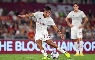 Roma's Argentine forward Paulo Dybala kicks the ball during the friendly football match between AS Roma and FC Shakhtar Donetsk at the Olympic Stadium in Rome, on August 7, 2022. (Photo by Isabella BONOTTO / AFP) (Photo by ISABELLA BONOTTO/AFP via Getty Images)