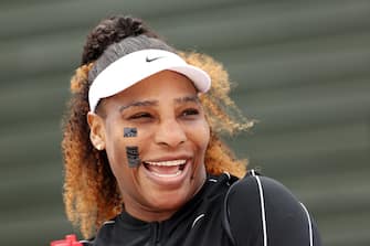 LONDON, ENGLAND - JUNE 25: Serena Williams of The United States reacts during their training session ahead of The Championships Wimbledon 2022 at All England Lawn Tennis and Croquet Club on June 25, 2022 in London, England. (Photo by Clive Brunskill/Getty Images)