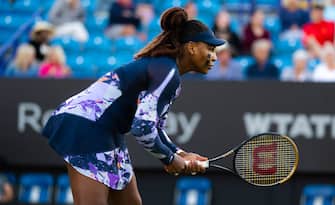 EASTBOURNE, ENGLAND - JUNE 22: Serena Williams of the United States in action playing doubles with partner Ons Jabeur of Tunisia (not in frame) against Hao-Ching Chan of Chinese Taipei and Shuko Aoyama of Japan in their doubles quarter-final match on Day 5 of the Rothesay International at Devonshire Park on June 22, 2022 in Eastbourne, England (Photo by Robert Prange/Getty Images)