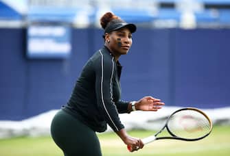 EASTBOURNE, ENGLAND - JUNE 21: Serena Williams of USA looks on as they warm up during Day Four of the Rothesay International Eastbourne at Devonshire Park on June 21, 2022 in Eastbourne, England. (Photo by Charlie Crowhurst/Getty Images for LTA)