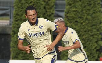 1241957546 Milan Djuric of Hellas Verona FC during Hellas Verona vs Virtus Verona, 3° frendly match pre-season Serie A Tim 2022-23, at "Centro Sportivo Intercomunale" Mezzano di Fiera di Primiero (TN), Italy, on July 16, 2022. (Photo by Davide Casentini/LiveMedia/NurPhoto via Getty Images)