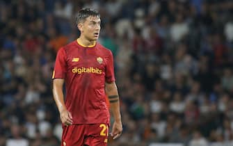 1242205136 HAIFA, ISRAEL - JULY 30: Paulo Dybala of AS Roma looks on during the Pre-Season Friendly match between Tottenham Hotspur and AS Roma at Itztadion Sammy Ofer on July 31, 2022 in Haifa, Israel. (Photo by Ahmad Mora/DeFodi Images via Getty Images)
