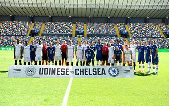 UDINE, ITALY - JULY 30:  The teams line up prior to the pre season behind closed doors friendly match between Udinese and Chelsea at Dacia Arena on July 30, 2022 in Udine, Italy.  (Photo by Darren Walsh/Chelsea FC via Getty Images)