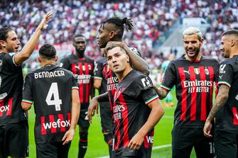 AC Milan's Brahim Diaz jubilates with his teammates after scoring the goal during the Italian serie A soccer match between Ac Milan and Udinese at Giuseppe Meazza stadium in Milan, 13  August 2022.
ANSA / MATTEO BAZZI
