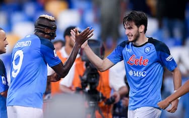 Khvicha Kvaratskhelia of SSC Napoli celebrates with Victor Osimhen of SSC Napoli after scoring third goal during the Serie A match between SSC Napoli and AC Monza at Stadio Diego Armando Maradona, Naples, Italy on 21 August 2022.  (Photo by Giuseppe Maffia/NurPhoto via Getty Images)