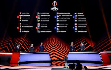 ISTANBUL, TURKEY - AUGUST 26: A general view as the final groups are seen on the LED screen following the UEFA Europa League 2022/23 Group Stage Draw on August 26, 2022 in Istanbul, Turkey. (Photo by Lukas Schulze - UEFA/UEFA via Getty Images)