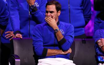 Roger Federer reacts after his final competitive match on day one of the Laver Cup at the O2 Arena, London. Picture date: Friday September 23, 2022.