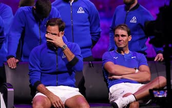 Roger Federer reacts after his final competitive match on day one of the Laver Cup at the O2 Arena, London. Picture date: Friday September 23, 2022.